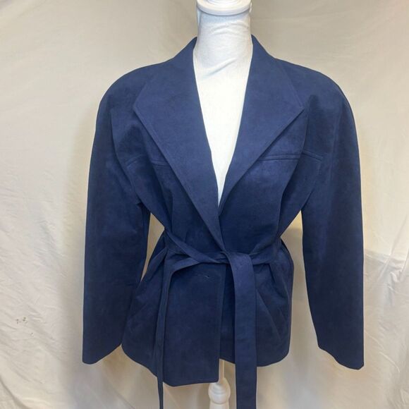 Ultra Suede Blue Leather Colorblock Premium Blazer Jacket Womens Design Comfort - Picture 1 of 6